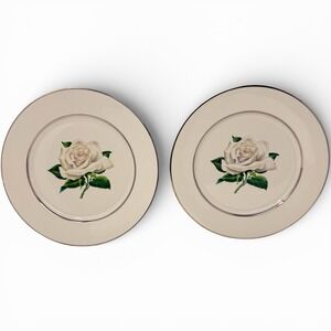 Set of 2 Embassy Vitrified White Rose - Dinner Plate - 10 1/8" Diameter
